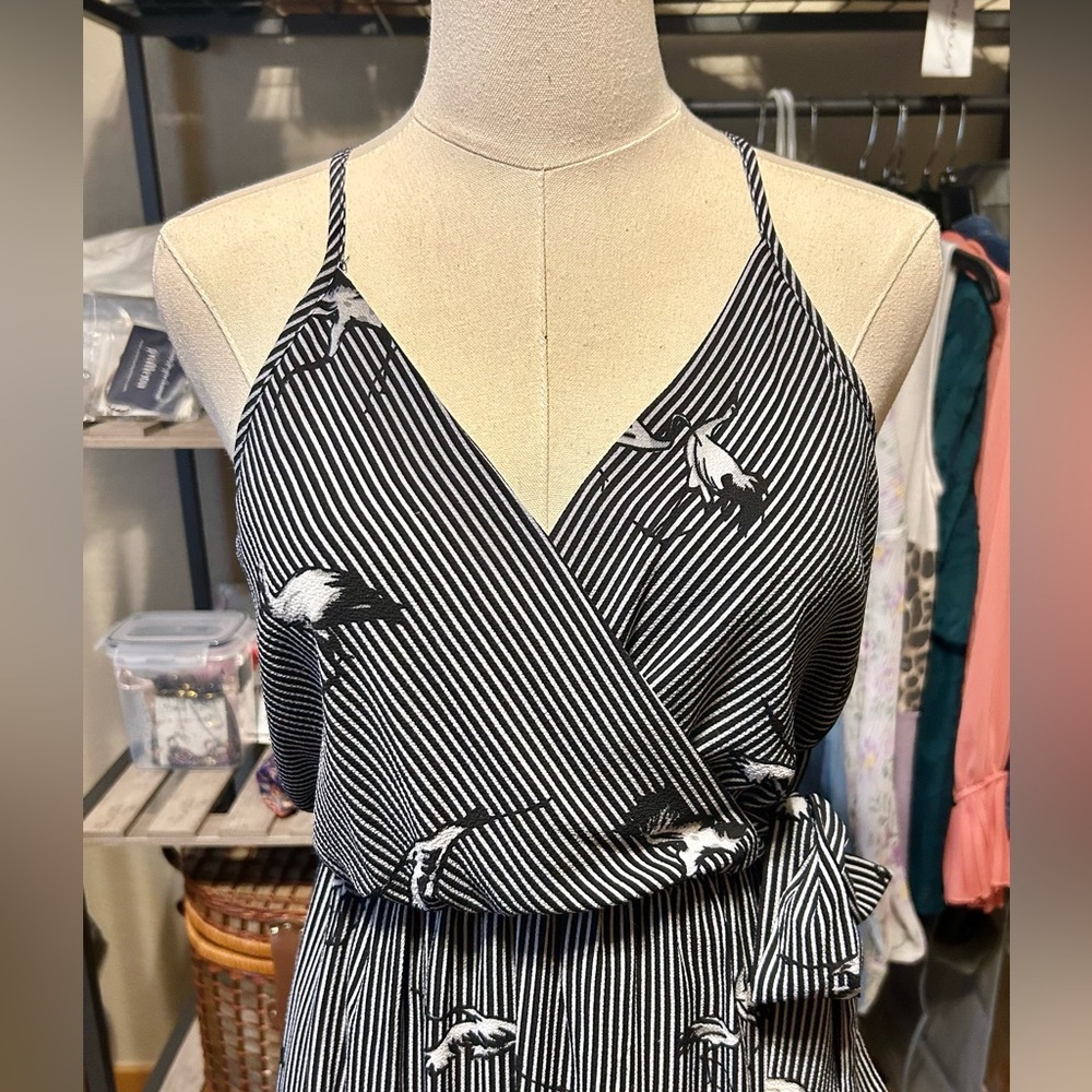 Dream Of Me -Black and White Stork Design Halter Wrap Maxi Dress